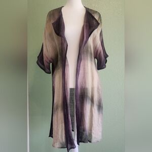 Chrzaszcz Inc. Linen sheer open duster with a blend of purple green & cream hues